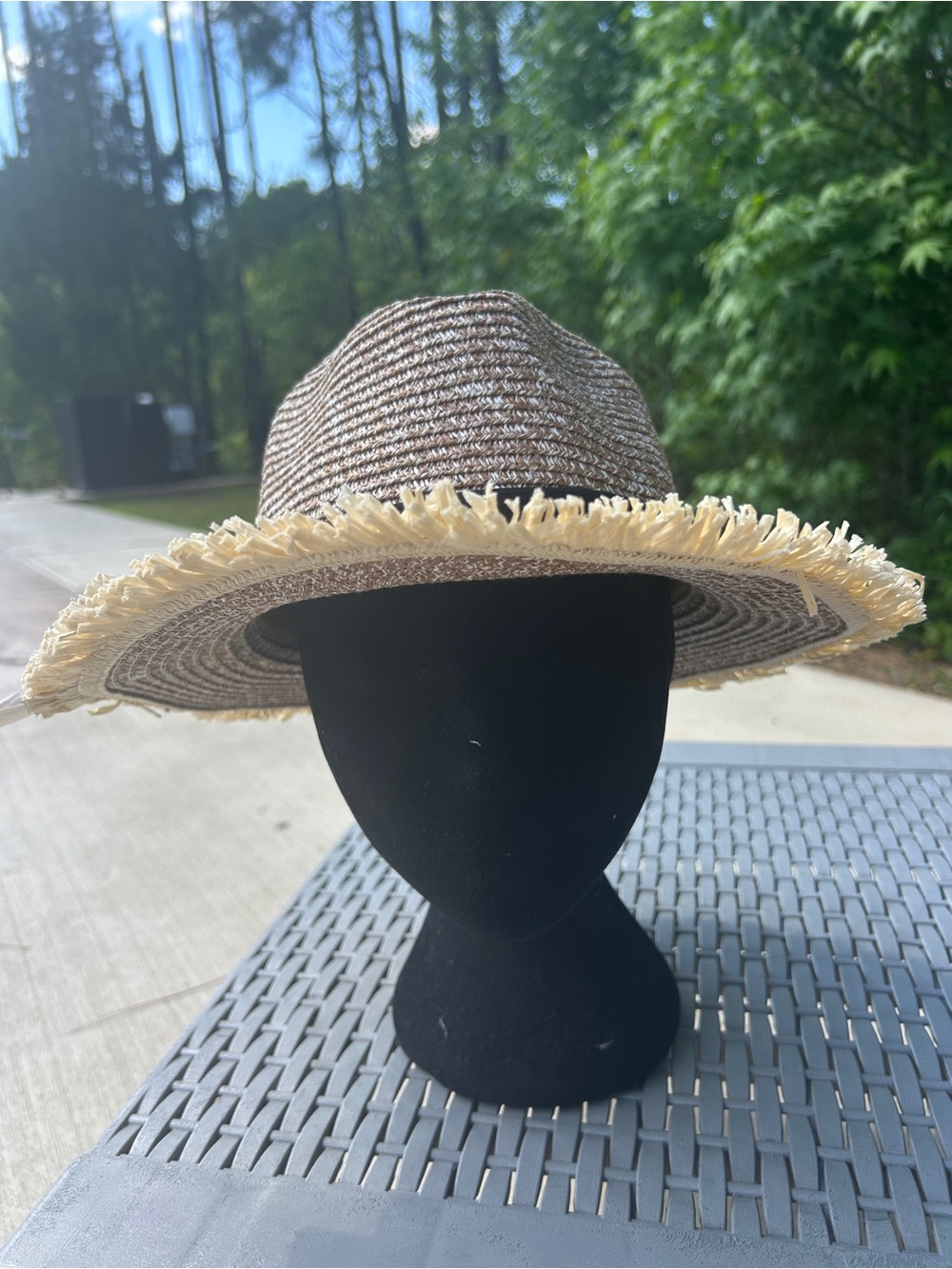 Straw Fringed Wide Brim Sun Hat - Beige/Brown